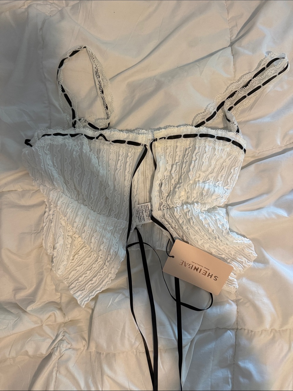SHEIN White Lace Crop Bralette with Black Trim